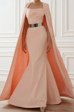 Aesha Long Cape-Dress In Soft-Peach