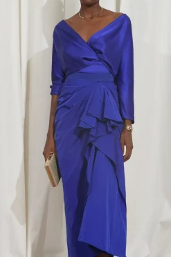 Allure Taffeta Midi Skirt In Royal-Blue