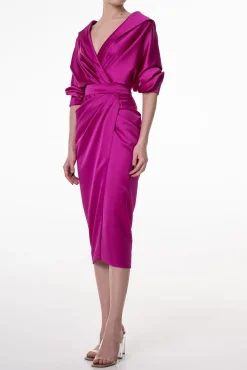Angelina Satin Midi Dress in Fuchsia