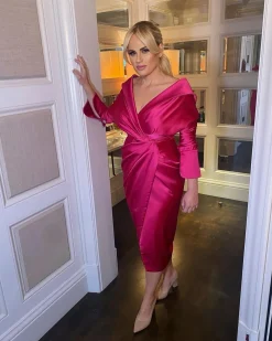 Angelina Satin Midi Dress in Fuchsia
