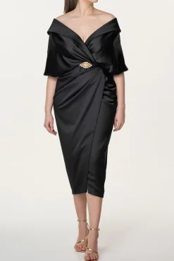 Angelina Satin Midi Dress in Black