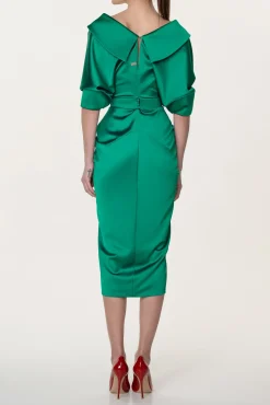 Angelina Satin Midi Dress in Emerald