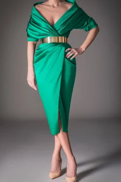 Angelina Satin Midi Dress in Emerald