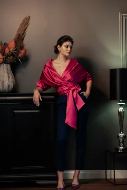 Angelina Satin Shirt In Hot Pink