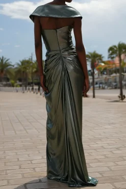 Athena Glossy Chiffon Long Dress In Olive