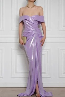 Athena Glossy Chiffon Long Dress In Lilac
