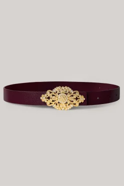 Baroque Burgundy Leather Waist Belt With Gold Buckle