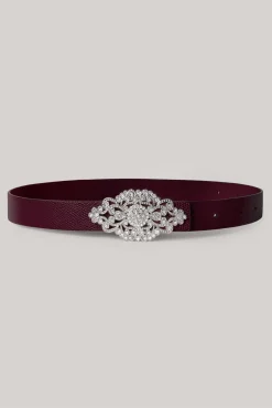 Baroque Burgundy Leather Waist Belt With Silver Buckle