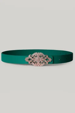 Baroque Emerald Leather Waist Belt With Rose-Gold Buckle