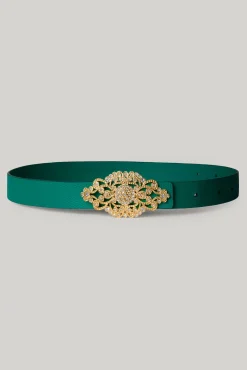 Baroque Emerald Leather Waist Belt With Gold Buckle