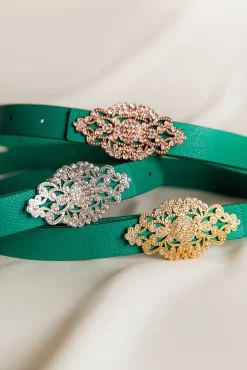 Baroque Emerald Leather Waist Belt With Silver Buckle