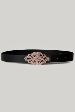 Baroque Matte Black Leather Waist Belt With Rose-Gold Buckle