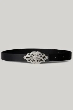 Baroque Matte Black Leather Waist Belt With Silver Buckle