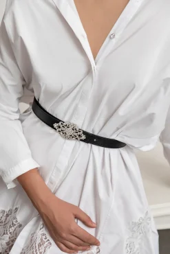 Baroque Saffiano Black Leather Waist Belt With Silver Buckle
