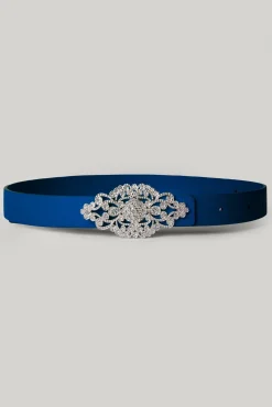 Baroque Sapphire Leather Waist Belt With Silver Buckle