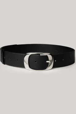 Ellipse Matte Black Leather Waist Belt With Silver Buckle