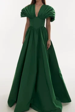 Ezra Taffeta Long Dress In Dark-Green