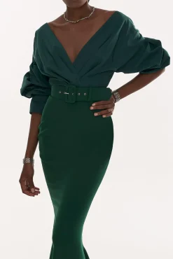 Gianna Taffeta Crepe Long Dress In Dark-Green