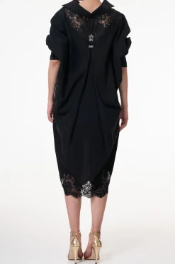 Gioia Lace Inserts Cotton Shirt Dress In Black