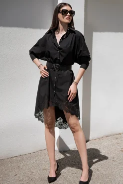 Gioia Lace Inserts Cotton Shirt Dress In Black