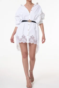 Gioia Lace Inserts Cotton Shirt Dress In White-Gold Buttons