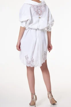 Gioia Lace Inserts Cotton Shirt Dress In White-Gold Buttons