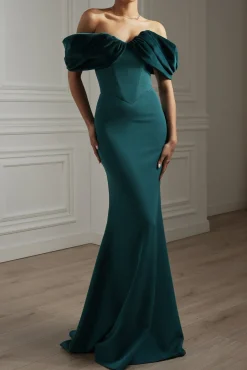 Ivonna Crepe Velvet Gown In Petrol