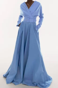 Josie Crepe Taffeta Long Dress In Celeste