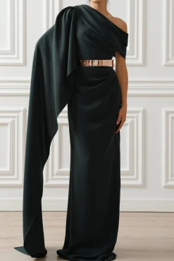 Karen One-Shoulder Long Dress In Pine Green