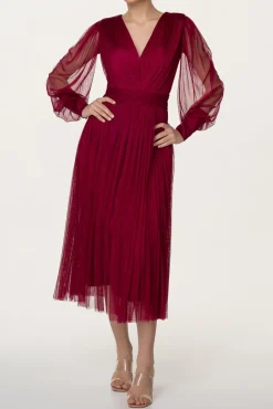 Kaya Silk Tulle Midi Dress In Burgundy