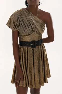 Lora Metallic Light Crepe Short Dress In Gold