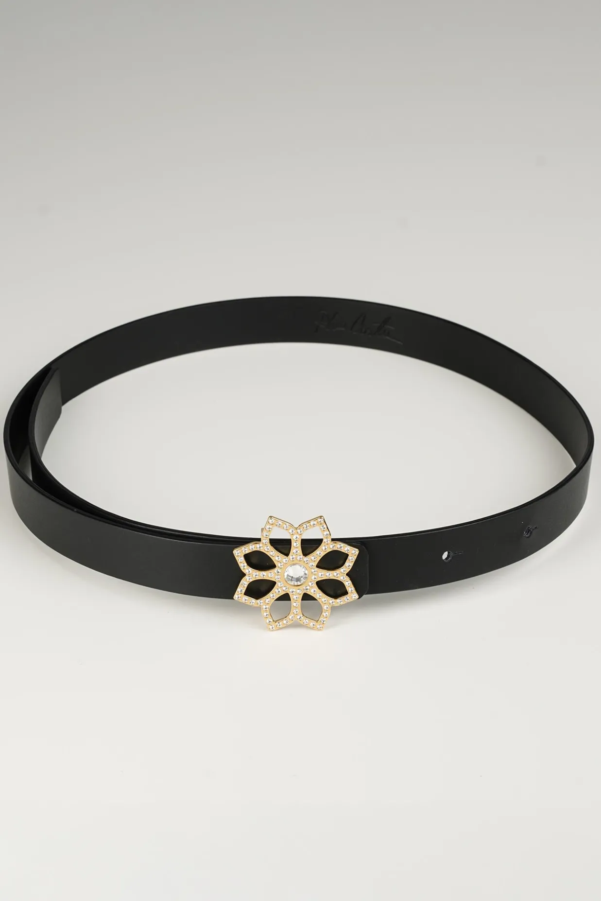 Lotus Leather Waist Belt In Matte Black With Gold Buckle