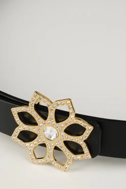 Lotus Leather Waist Belt In Matte Black With Gold Buckle