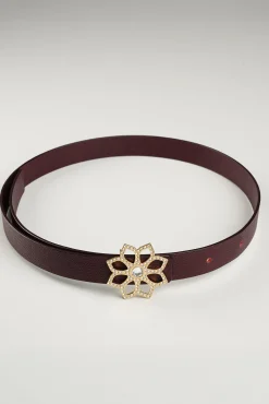Lotus Leather Waist Belt In Burgundy With Gold Buckle