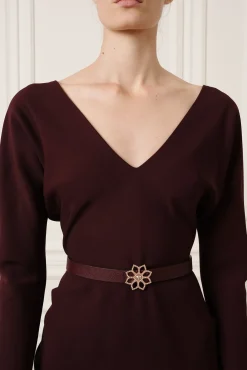 Lotus Leather Waist Belt In Burgundy With Gold Buckle