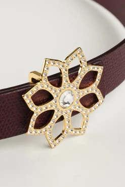 Lotus Leather Waist Belt In Burgundy With Gold Buckle