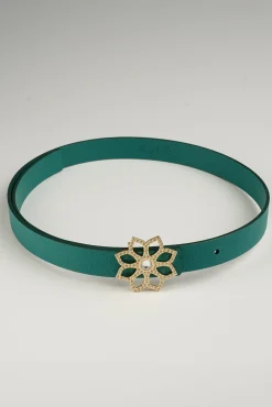 Lotus Leather Waist Belt In Emerald With Gold Buckle