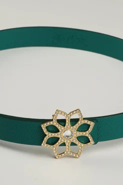 Lotus Leather Waist Belt In Emerald With Gold Buckle