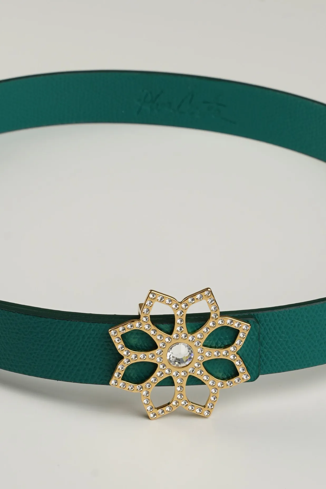 Lotus Leather Waist Belt In Emerald With Gold Buckle