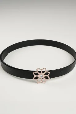 Lotus Leather Waist Belt In Saffiano Black With Rose-Gold Buckle