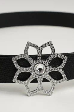 Lotus Leather Waist Belt In Saffiano Black With Silver Buckle