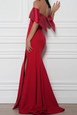 Noura Crepe Satin Long Dress In True-Red