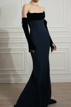 Raven Crepe and Velvet Dress in Midnight-Blue