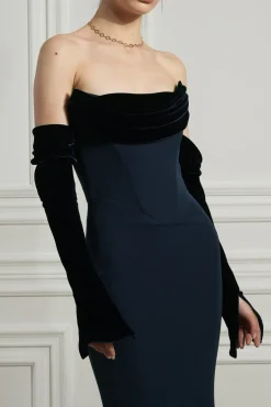 Raven Crepe and Velvet Dress in Midnight-Blue