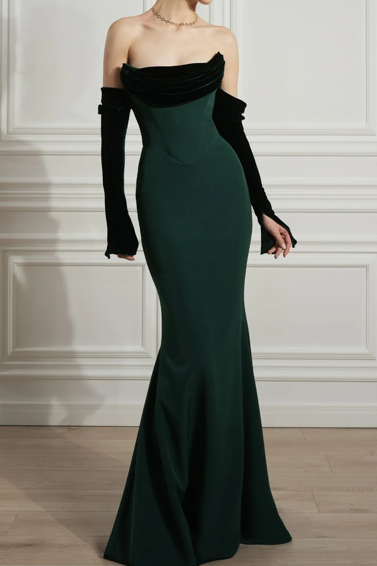 Raven Crepe and Velvet Dress in Dark-Green