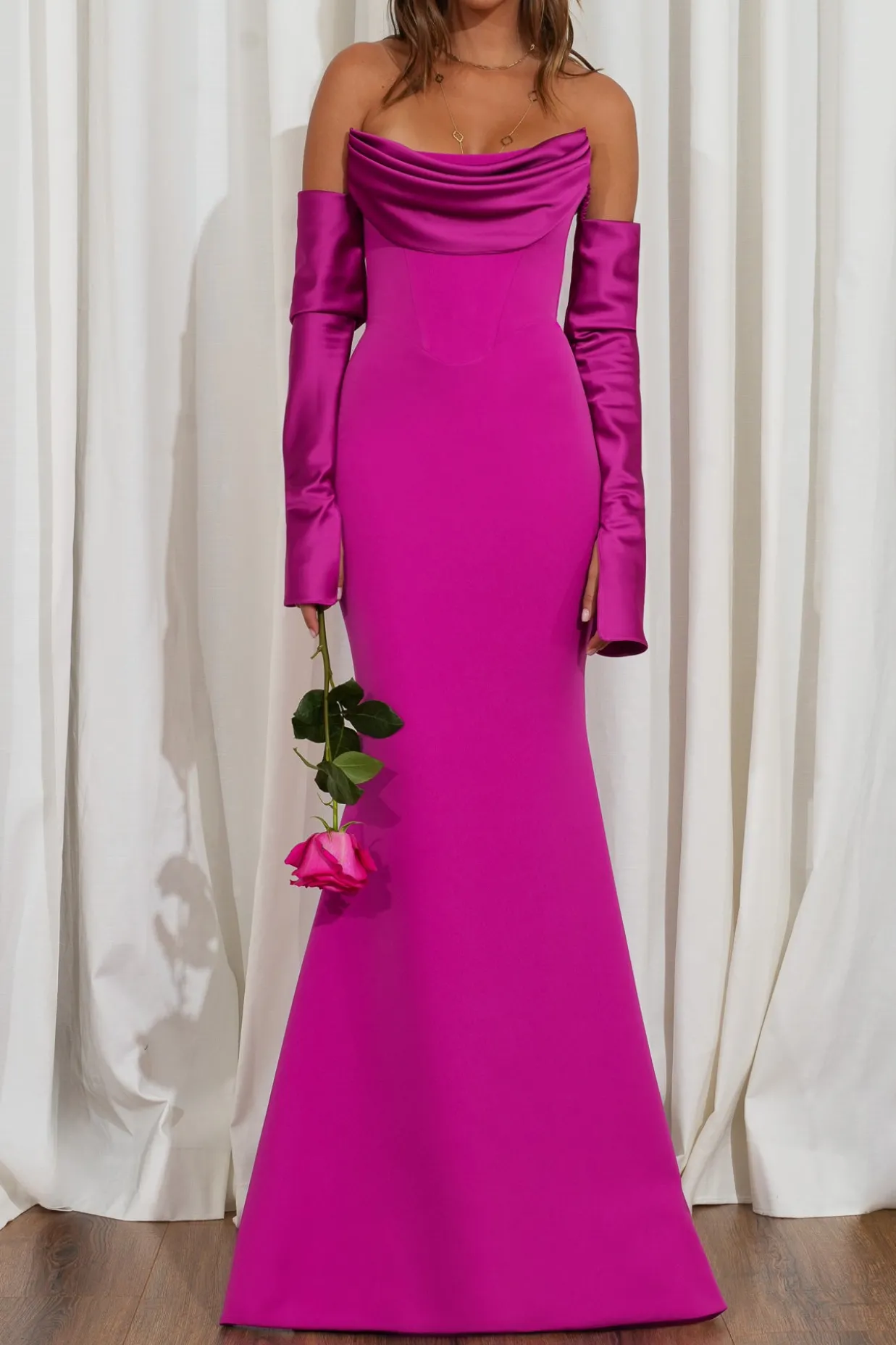 Raven Crepe Long Dress In Magenta