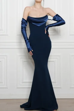 Raven Crepe Long Dress In Prussian-Blue