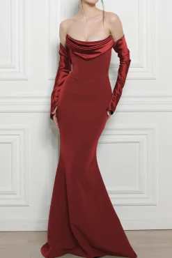 Raven Crepe Long Dress In Ruby-Red