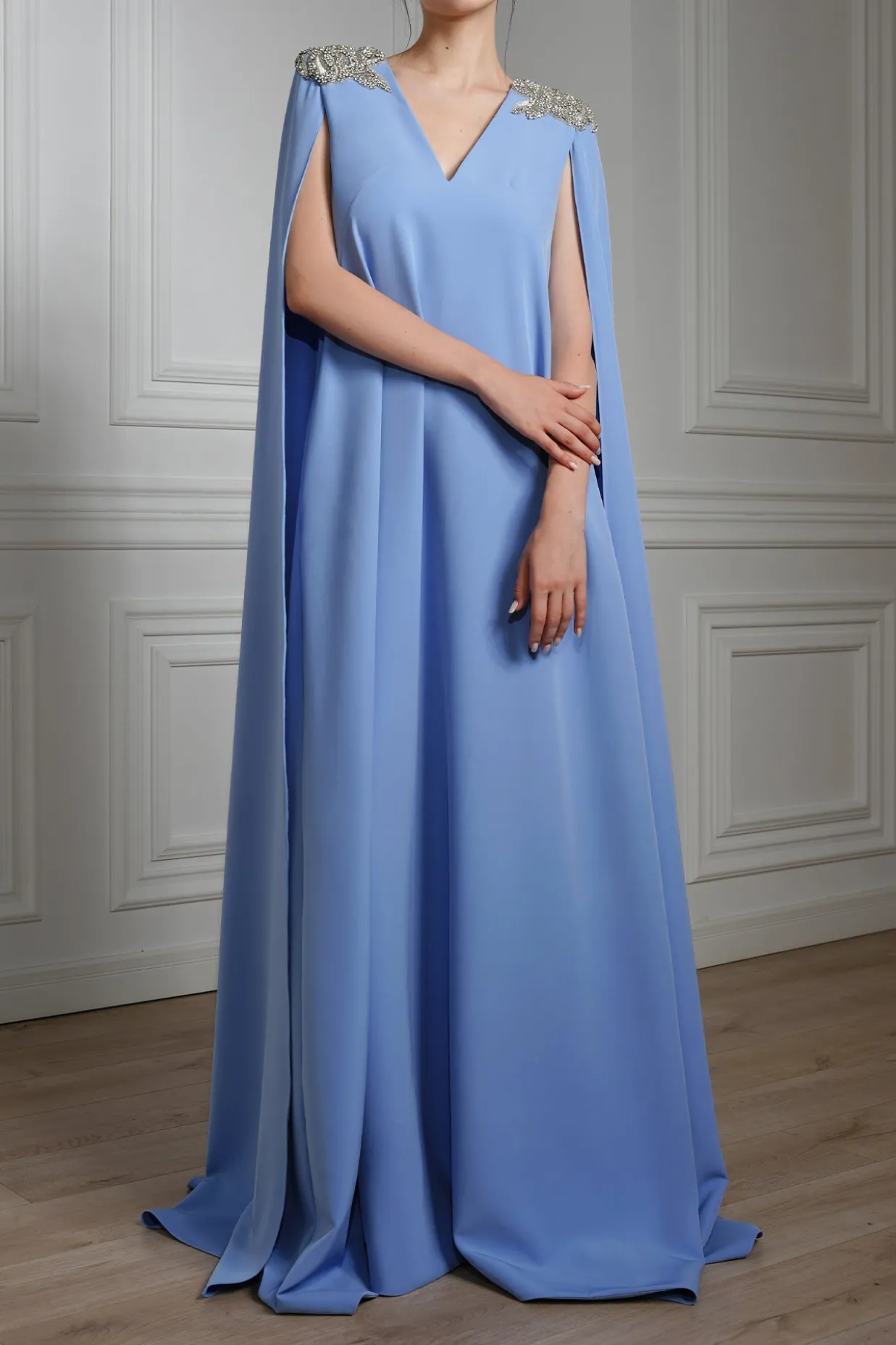 Revy Crystal-Embroidered Cape Crepe Dress In Blue Ciel