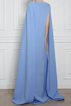 Revy Crystal-Embroidered Cape Crepe Dress In Blue Ciel